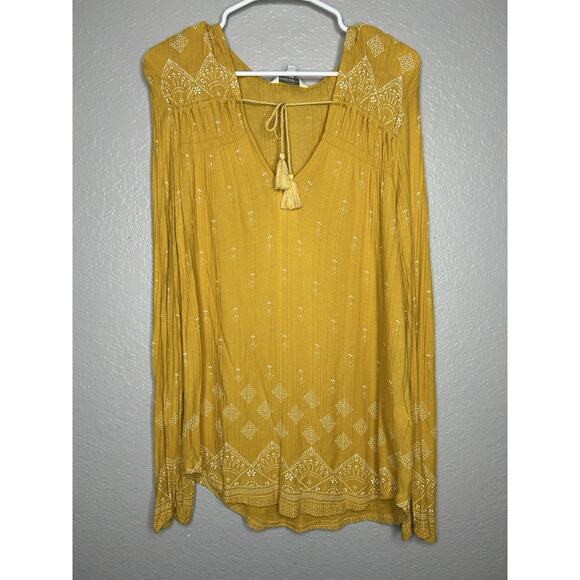 Lucky Brand Tops - Lucky Brand Women’s Mustard Yellow Boho Tassel Long Sleeve Top Blouse Size L